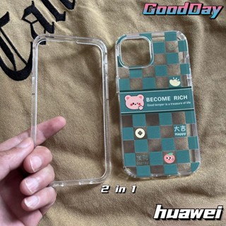 2 In 1 เคสโทรศัพท์มือถือแบบใส หนา กันกระแทก ลายตาราง สีเขียว สําหรับ Huawei Y7A Y6P Y6 Y6S Y7 Y9 Prime 2019 Y9S NOVA 7i 8 9se P20 P30 P40 LITE