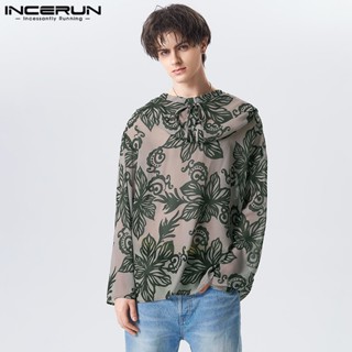 Incerun เสื้อยืด ผ้าชีฟอง พิมพ์ลาย มีฮู้ด ไมโคร โปร่งใส