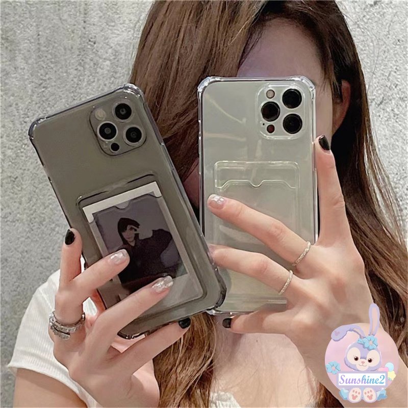 เคสโทรศัพท์มือถือ ซิลิโคนนิ่ม TPU ใส กันกระแทก พร้อมกระเป๋าใส่บัตร สีพื้น เรียบง่าย สําหรับ iPhone 11 14 13 12 Pro Max X Xr Xs Max 8 7 Plus SE2020