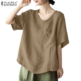 Zanzea เสื้อเบลาส์ลําลอง คอกลม แขนสั้น สีพื้น สไตล์เกาหลี สําหรับผู้หญิง