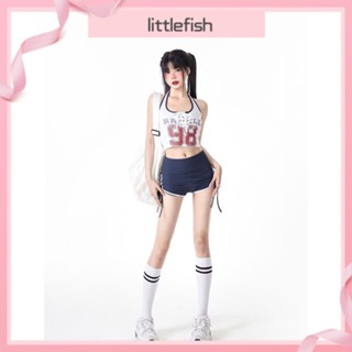 [littlefish] เสื้อสายเดี่ยว และกางเกงขาสั้น ขนาดใหญ่ สไตล์ญี่ปุ่น อเมริกัน เรโทร หรูหรา เหมาะกับฤดูร้อน สําหรับผู้หญิง