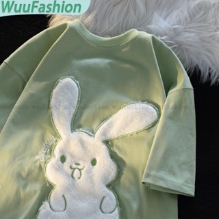 WuuFashion/T-เสื้อแขนสั้นหูกระต่ายน่ารักสไตล์ ins ผู้หญิง ผ้าฝ้ายบริสุทธิ์ ไม่ซ้ำใคร หลวม