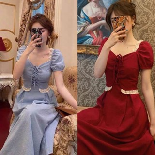 Eva Style🍒พร้อมส่ง✨เสื้อผ้าผู้หญิง เดรส ชุด เจ้าหญิง เดรสแขนพอง เดรสฝรั่งเศส กระโปรงยาว กระโปรงสั้น น้ำเงิน แดง