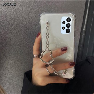 เคสโทรศัพท์มือถือ ซิลิโคนนิ่ม ใส ลายหัวใจ พร้อมสายโซ่คล้องมือ สําหรับ Samsung Galaxy M54 M14 A24 A34 A14 A54 A04 Core