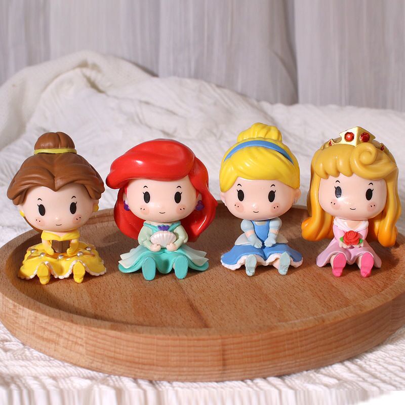 โมเดลตุ๊กตาฟิกเกอร์ PVC เจ้าหญิงดิสนีย์ Q Version Snow White Cinderella Ariel Bella Aurora สําหรับตกแต่งเค้ก 6 ชิ้น ต่อชุด