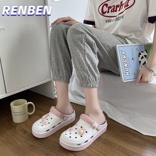 RENBEN รองเท้าผู้หญิงฤดูร้อนใหม่หนา soled สบาย Baotou ครึ่งลากกันลื่นแจ๊กเก็ตสุทธิสีแดงร้อนสไตล์ชายหาดรองเท้าแตะ