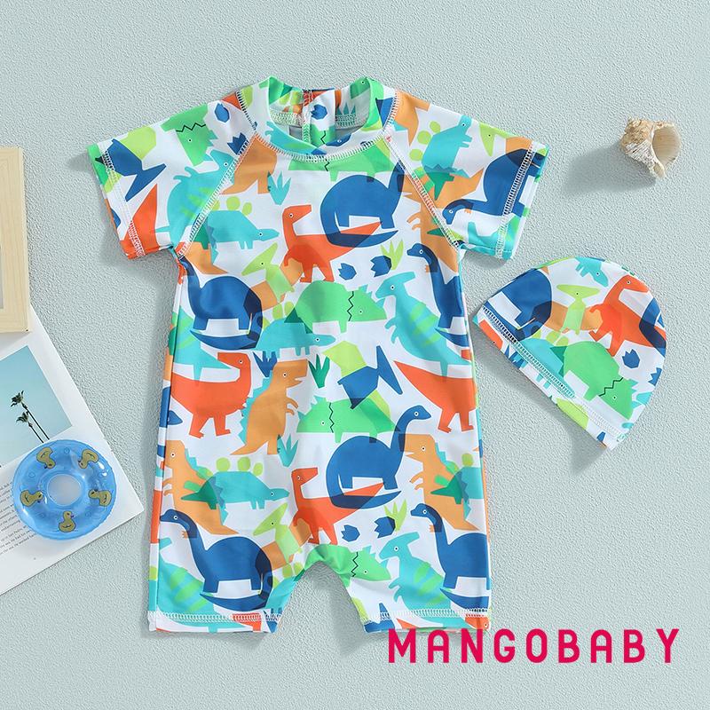 Mgg-kid Boy ว่ายน้ํา Romper Beach ชุดว่ายน้ําฤดูร้อนแขนสั้นรอบคอการ์ตูนไดโนเสาร์พิมพ์ชุดว่ายน้ํากางเ