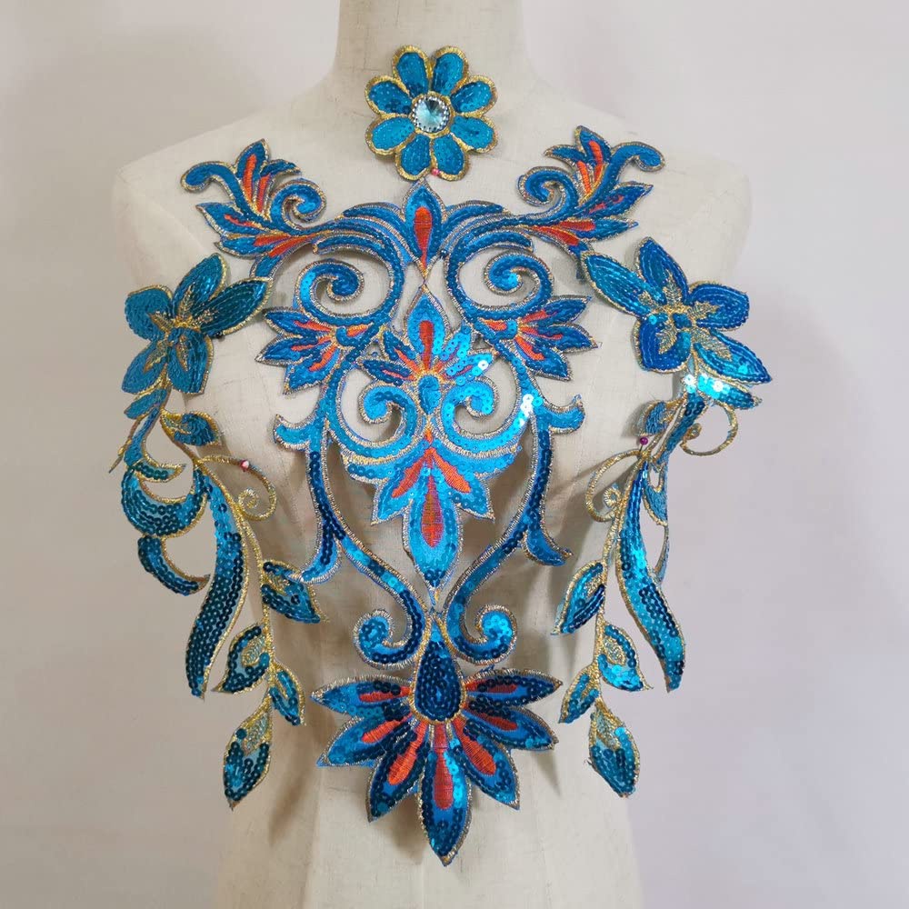 1 ชิ้น สีฟ้า เลื่อม ปัก ชุดแต่งงาน Appliques ปกตาข่าย เย็บปักถักร้อย เหล็กบนแพทช์ ซ่อม