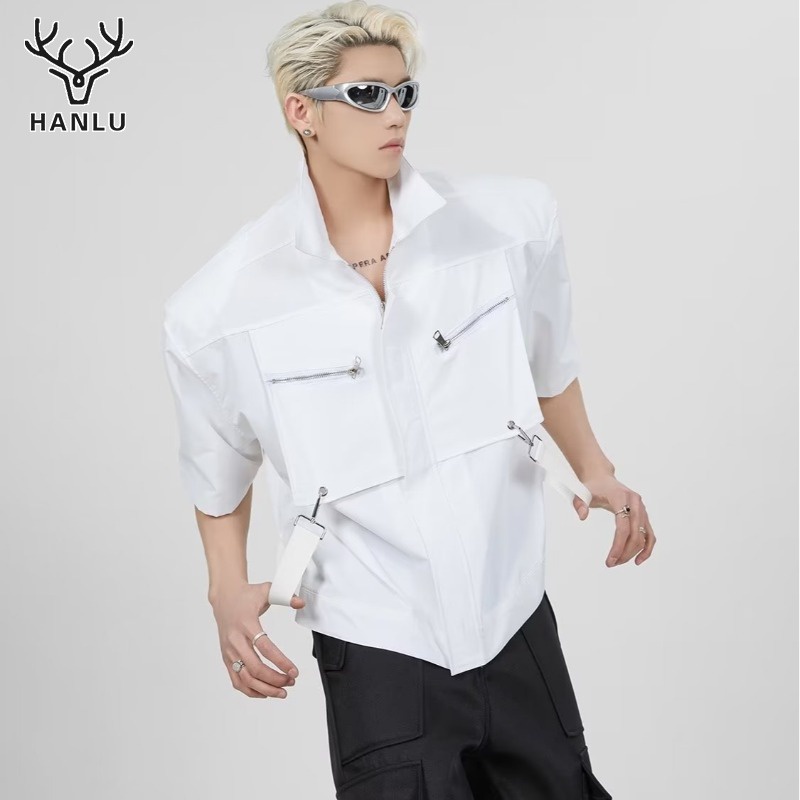 HANLU เสื้อเชิ้ตผู้ชาย แฟชั่นสไตล์เมืองแบบหลวม ๆ ปกที่เรียบง่ายของผู้ชายทุกวันเทรนด์ยอดนิยมเสื้อเชิ้ตแขนสั้นญี่ปุ่น