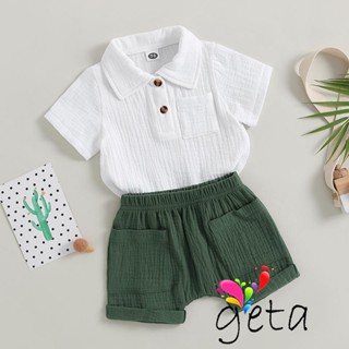 Geta- ชุดเสื้อเชิ้ต คอปก แขนสั้น สีขาว และกางเกงขาสั้น สีพื้น แฟชั่นฤดูร้อน สําหรับเด็กผู้ชาย 2 ชิ้น