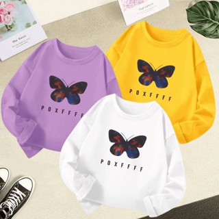 เสื้อยืดลําลอง แขนยาว คอกลม พิมพ์ลายการ์ตูนผีเสื้อ สําหรับเด…