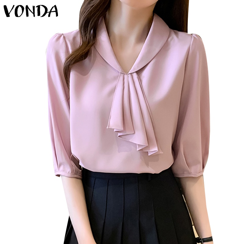 Vonda เสื้อเชิ้ตแขนพัฟ คอวี สีพื้น สไตล์เกาหลี สําหรับผู้หญิง