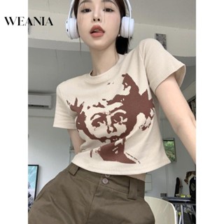 Weania-2 เสื้อยืดครอป แขนสั้น พิมพ์ลาย สไตล์วินเทจ อเมริกัน สําหรับผู้หญิง