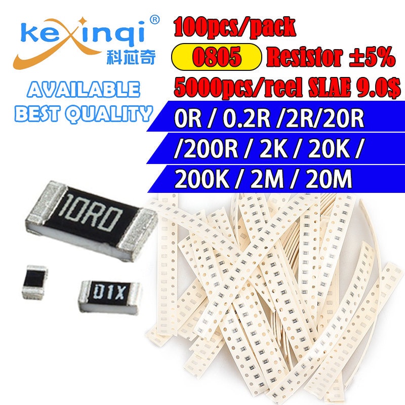 100 ชิ้น/ล็อต SMD 0805 ตัวต้านทาน 5% 1/8W 0R Ohm 0.20R 2.0R 20R 200R 2K 20k 200K 2M 20M