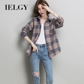 IELGY เสื้อเชิ้ตลายสก๊อต ทรงหลวม บาง และหนา สไตล์เรโทร สําหรับผู้หญิง