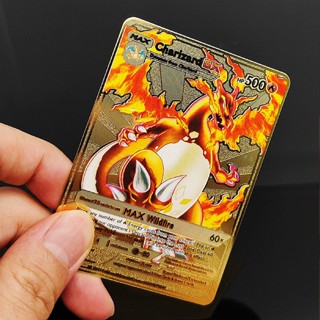 การ์ดโลหะ ลายโปเกม่อน Charizard Mewtwo Pikachu Vmax ภาษาอังกฤษ บัตรทอง ไม่มีการ์ดเกมที่ซ้ำกันของขวัญวันเกิดของเล่นเด็ก