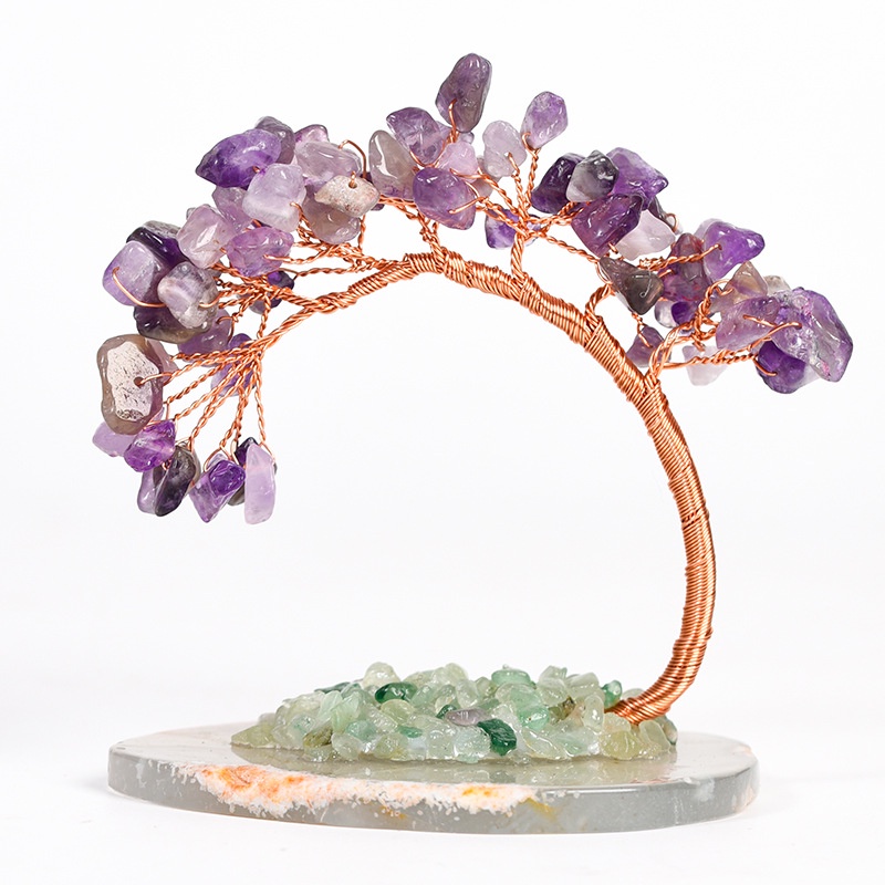 Creative โค้ง Cypress Pine Agate ฐานคริสตัลต้นไม้ตกแต่งงานฝีมือ Amethyst Tree เดสก์ท็อปสํานักงาน Wis