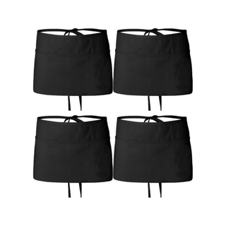 4pcs Professional Lightweight Breathable Comfortable Elegant Kitchen Restaurant Waiter Waitress Black Short Waist Apron