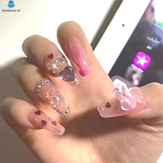 เล็บปลอม แบบเต็มเล็บ ลายหมี และหัวใจน่ารัก สีชมพูใส สําหรับผู้หญิง 24 ชิ้น 24 ชิ้น