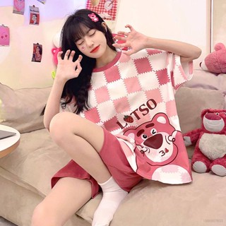 Ns3 Lotso ชุดนอน เสื้อแขนสั้น ลายการ์ตูนหมี สตรอเบอร์รี่ ทรงหลวม พลัสไซซ์ สําหรับผู้หญิง