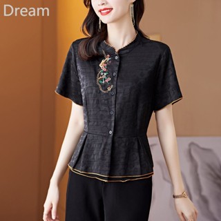 High-end fragrant cloud yarn large size embroidered silk shirt womens summer new elegant slimming short sleeve cardigan shirt small shirt