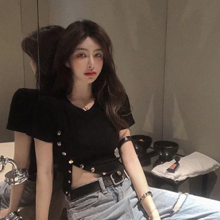 เสื้อยืดแขนสั้น เอวลอย ทรงไม่สมมาตร รัดรูป เซ็กซี่ สําหรับผู้หญิง