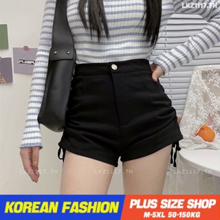 Plus size เสื้อผ้าสาวอวบ❤ กางเกงขาสั้นสาวอวบ ไซส์ใหญ่ ผู้หญิง biker shorts เอวสูง เชือกรูด สีดำ ฤดูร้อน สไตล์เกาหลีแฟชั่น