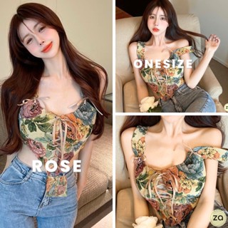 💥HOT SALE💥เสื้อครอปสายเดี่ยวชายแหลมเ มีสายและอกแต่งผูกริบบิ้น ลายดอกกุหลาบวินเทจ