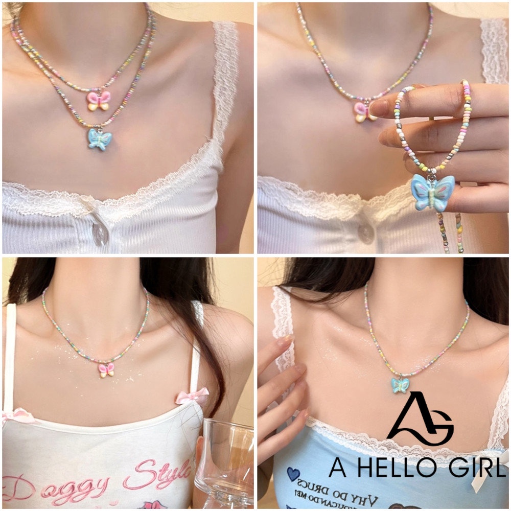 A HELLO GIRL สร้อยคอโซ่ ประดับลูกปัดผีเสื้อ หลากสี เหมาะกับฤดูร้อน สําหรับผู้หญิง