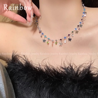 【Rainbow】สร้อยคอโซ่เหล็กไทเทเนียม จี้ผีเสื้อ ประดับเพทาย หลากสี หรูหรา สําหรับผู้หญิง