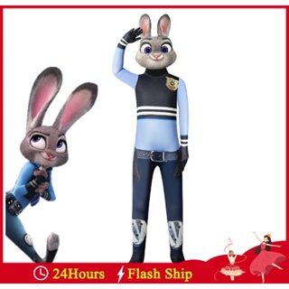 ชุดบอดี้สูทคอสเพลย์ Zootopia Zootropolis Judy Rabbit Police สีฟ้า สําหรับปาร์ตี้ฮาโลวีน วันเกิด แฟนซี