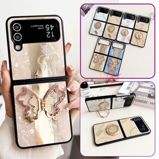 เคสโทรศัพท์มือถือ ลายดอกไม้ ผีเสื้อ ประดับเพชร พร้อมขาตั้ง หรูหรา สําหรับ Samsung Galaxy Z Flip 3 Z Flip 4 5G