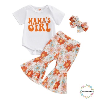 Babyclothes- ชุดรอมเปอร์ แขนสั้น พิมพ์ลายตัวอักษร ดอกไม้ กางเกงบาน และที่คาดผม สําหรับเด็กผู้หญิง