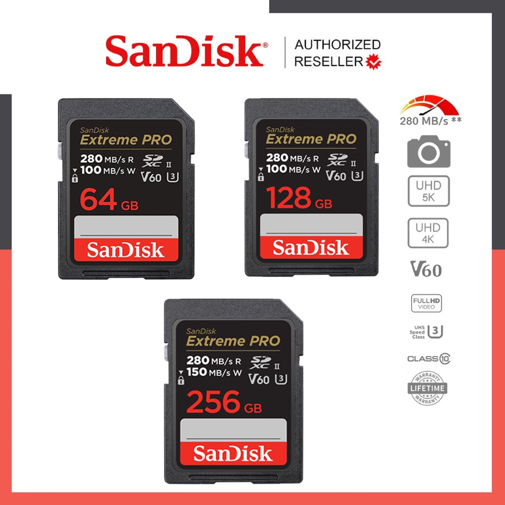 SanDisk Extreme PRO SDHXC UHS-II Cards / Speed 280 MB/s (SDSDXEP) 64GB 128GB 256GB