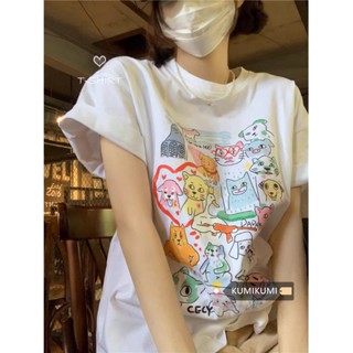 Suxi เสื้อยืดลําลอง แขนสั้น คอกลม พิมพ์ลาย แฟชั่นฤดูร้อน