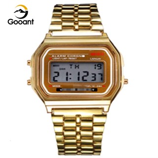 Gooantx นาฬิกาข้อมืออิเล็กทรอนิกส์ LED สายเหล็ก อเนกประสงค์ สไตล์ฮาราจูกุ WR F91