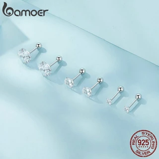 Bamoer ต่างหูเพทาย สีขาว 3 ขนาด ดีไซน์เรียบง่าย คลาสสิก สําหรับผู้หญิง เครื่องประดับ ของขวัญ