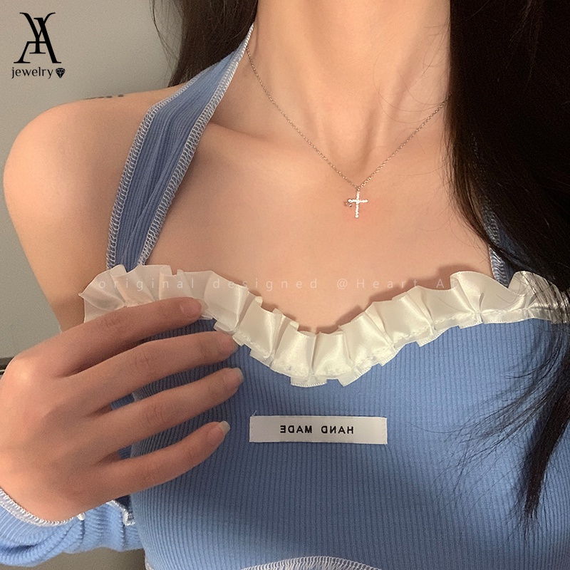 Ay(cn) สร้อยคอโชคเกอร์ จี้ไม้กางเขน ประดับคริสตัล สีเงิน เครื่องประดับ สําหรับผู้หญิง