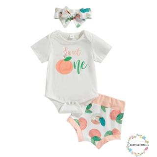 Babyclothes- ชุดรอมเปอร์ คอกลม แขนสั้น สีขาว และกางเกงขาสั้น พิมพ์ลายพีช และที่คาดผม แฟชั่นฤดูร้อน สําหรับเด็กผู้หญิง