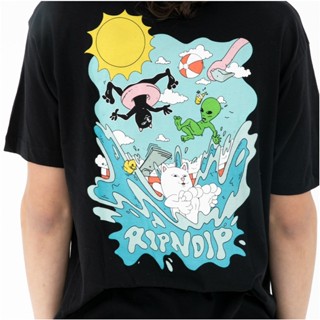 Ripndip เสื้อยืดคอกลม แขนสั้น ผ้าฝ้าย พิมพ์ลายแมวเล่นเซิร์ฟนิ้วกลาง เหมาะกับฤดูร้อน สําหรับผู้ชาย และผู้หญิง