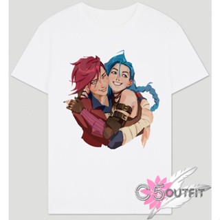 HN เสื้อยืด พิมพ์ลาย League OF LEGENDS ARCANE JINX AND VI HUGGING COMBED 30S สําหรับผู้ชาย เสื้อยืดคอกลม พร้อมส่ง