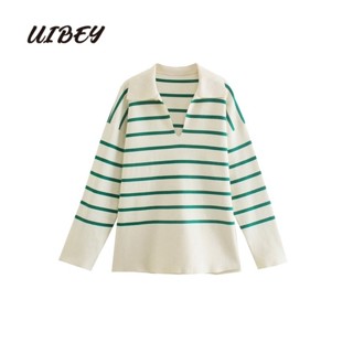 Uibey เสื้อกันหนาว คอโปโล แขนยาว ผ้าถัก ลายทาง ทรงหลวม 2169