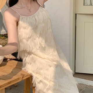 Emily Fashion Shop ชุดเดรสสายเดี่ยว ความยาวปานกลาง สีขาว แฟชั่นฤดูร้อน สไตล์เกาหลี สําหรับผู้หญิง