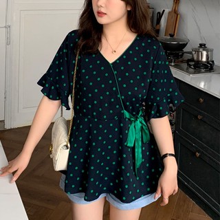 เสื้อเชิ้ตแขนสั้น คอวี ผ้าชีฟอง ลายจุด พลัสไซซ์ แฟชั่นฤดูร้อน สําหรับผู้หญิง รองรับ 100 กก.