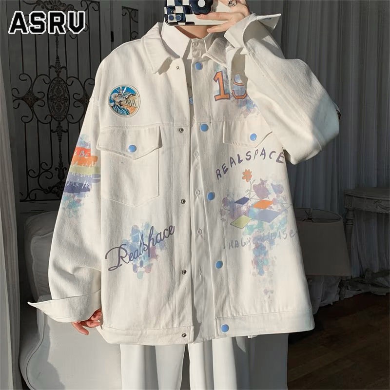 ASRV แจ็คเก็ตยีนส์ปกพิมพ์สีฤดูใบไม้ผลิและฤดูใบไม้ร่วง 2023 ใหม่หลวมออกแบบกราฟฟิตีสไตล์เฉพาะแจ็คเก็ต