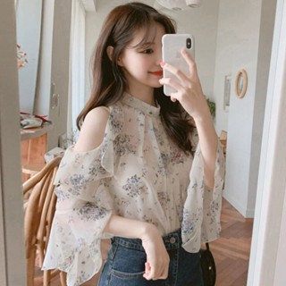 เสื้อเบลาส์ เปิดไหล่ ผ้าชีฟอง ลายดอกไม้ สําหรับผู้หญิง
