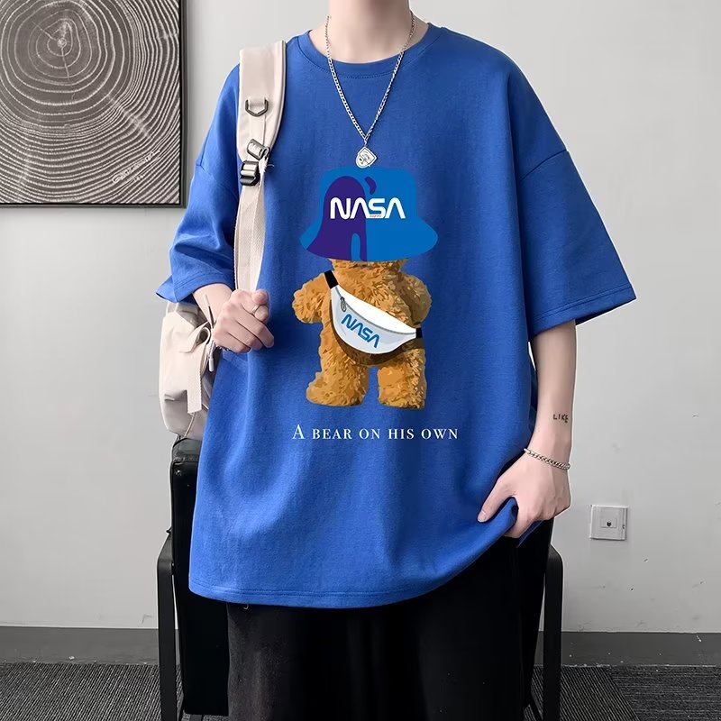 เสื้อยืดคอกลม แขนสั้น พิมพ์ลายหมีน้อย NASA สไตล์อเมริกัน โอเวอร์ไซซ์ M-8XL แฟชั่น สําหรับคู่รัก