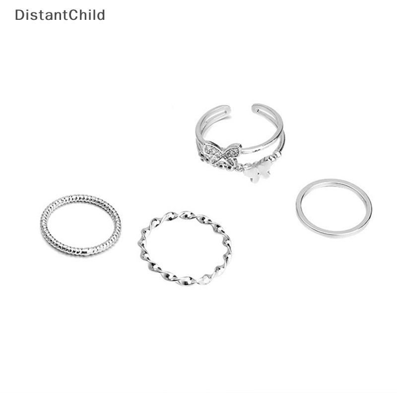 Dsth ชุดแหวนนิ้วมือแฟชั่น ทรงกลม ลายผีเสื้อ สีเงิน ปรับได้ เครื่องประดับ สําหรับผู้หญิง 4 ชิ้น