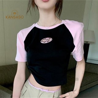 Kans เสื้อครอปท็อป คอกลม แขน Raglan แฟชั่นฤดูร้อน สําหรับผู้หญิง TH