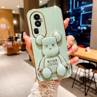 เคสโทรศัพท์มือถือ ซิลิโคนนิ่ม กันกระแทก ขอบตรง ลายหมีน่ารัก พร้อมขาตั้ง สําหรับ OPPO Reno 10 Pro Pro+ Plus 8T A98 A78 NFC 4G 5G